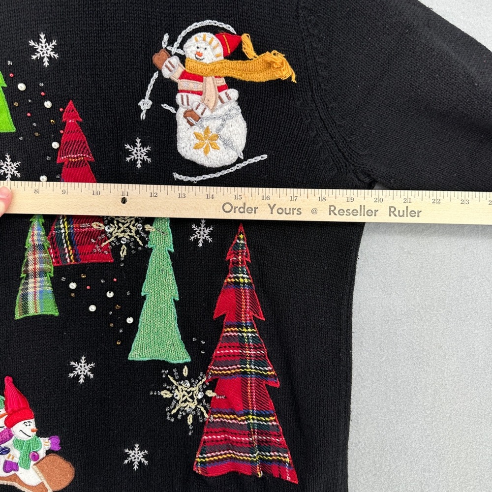 90s Reference Point Holiday Snowman Christmas Tree Cardigan Sweater Black M VTG - Picture 6 of 10